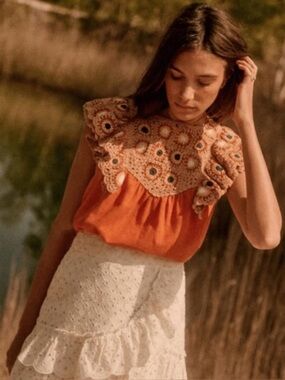 Sézane Crochet Yoke Top 34 Boho Embroidered Knit Blouse Anthro Style (XS/S)